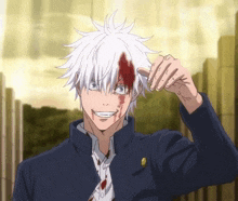a man with white hair has blood on his face and is smiling