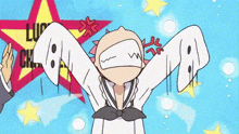 a cartoon drawing of a girl with her arms outstretched in front of a star that says luck on it
