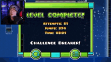 a screenshot of a video game that says level complete and challenge breaker