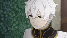 a cartoon character with white hair and a black and gold collar