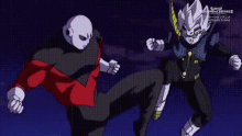 a man in a red shirt is fighting another man in a black suit in a cartoon .