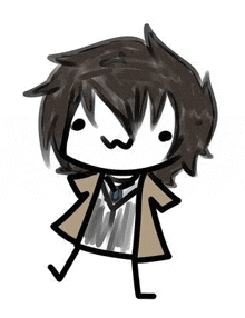 a stick figure drawing of a person wearing a coat and tie with long hair .