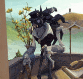 a statue with a gas mask on stands in front of a vase of flowers