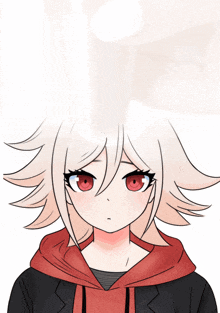 a drawing of a girl with red eyes and a red hoodie