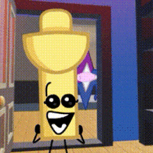 a cartoon drawing of a yellow object with a hat on