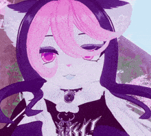 a close up of a cartoon character with pink hair and a necklace with a heart on it
