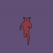 a drawing of a red monster with horns on a purple background .