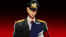 a man in a military uniform is holding a clipboard with the letter n on it .