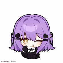 a cartoon drawing of a girl with purple hair and heart earrings