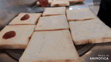 a bunch of slices of bread with ketchup on them and the words made in animotica below them