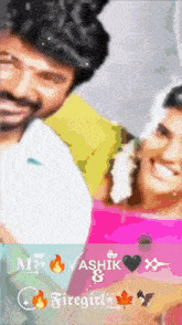 a man and a woman are standing next to each other with the words mr. vashik & firegirl on the bottom