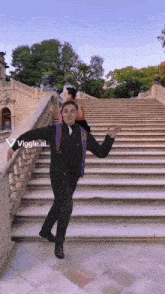 a man in a suit and tie is standing on a set of stairs with the letters viggle.ai visible in the corner