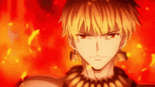 a man with yellow hair and red eyes is wearing a necklace and earrings .