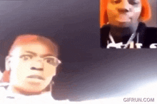 a man and a woman are having a video call and the woman is wearing orange hair .