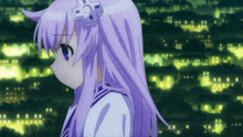 a purple haired anime girl with a cross on her hair