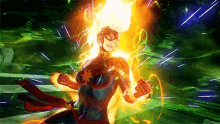 a cartoon of captain marvel is surrounded by fire and smoke
