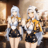 two anime girls standing next to each other holding glasses of milk with pixverse ai written on the bottom