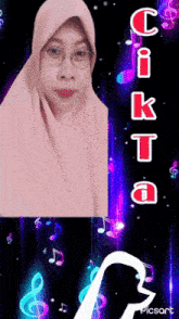 a woman in a pink hijab and glasses is surrounded by music notes