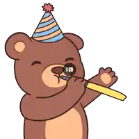 a cartoon teddy bear wearing a party hat blowing a party horn