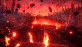 a computer generated image of a volcano with lava coming out of it and rocks falling from the sky .
