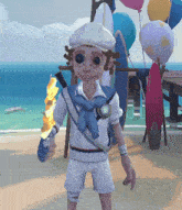 a cartoon character on a beach holding a flower