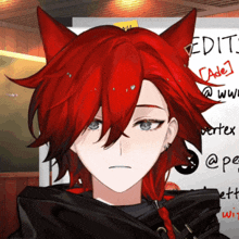 a girl with red hair is standing in front of a white board that says " edit " on it