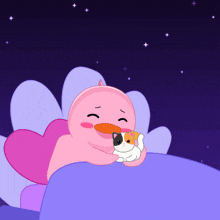 a cartoon of a pink duck holding a cat in its arms