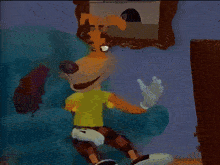 a cartoon character standing next to a blue couch