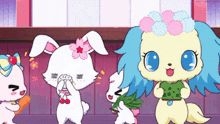 a group of cartoon characters are standing next to each other and one of them is wearing a flower crown