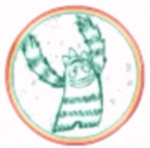 a drawing of a raccoon with a rainbow in the background