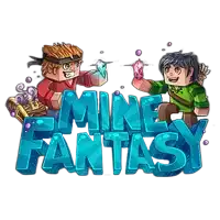 a logo for a game called mine fantasy with two cartoon characters