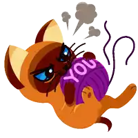 a cat is holding a ball of yarn that says " you " on it