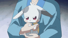 a person is holding a small white rabbit with a sad face
