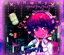 a pixel art drawing of a girl with the words make my buffer overflow