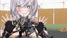 a girl is holding a toy orc with a sword in her hands