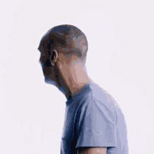 a man with a shaved head is wearing a blue t-shirt and looking at the camera .