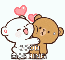 a couple of teddy bears hugging each other with the words good morning