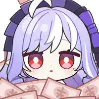 a cartoon girl with purple hair and red eyes is surrounded by money