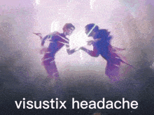 a couple of people standing next to each other with the words visustix headache written above them .