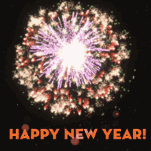 a fireworks display with the words happy new year in red