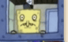 a cartoon spongebob squarepants character with a sad face is sitting in a blue box .