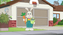 a cartoon of a rabbit holding a carrot and a basket of eggs