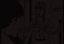 a black and white drawing of a woman talking to a man with a hose around her neck .
