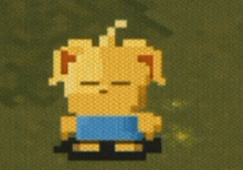 a pixel art drawing of a dog with a blue shirt on