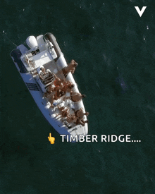 an aerial view of a group of people on a boat in the ocean with the words timber ridge below it