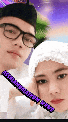 a man and a woman are posing for a picture and the caption says " assalamualaikum wrwb "