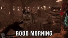 a screenshot of a video game with the words good morning