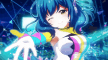 a girl with blue hair is wearing headphones and a white dress