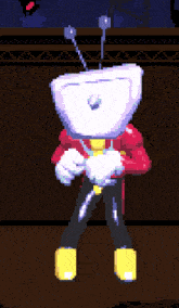 a pixel art of a robot wearing a red jacket and yellow boots