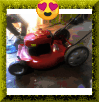 a picture of a lawn mower with a heart shaped face above it